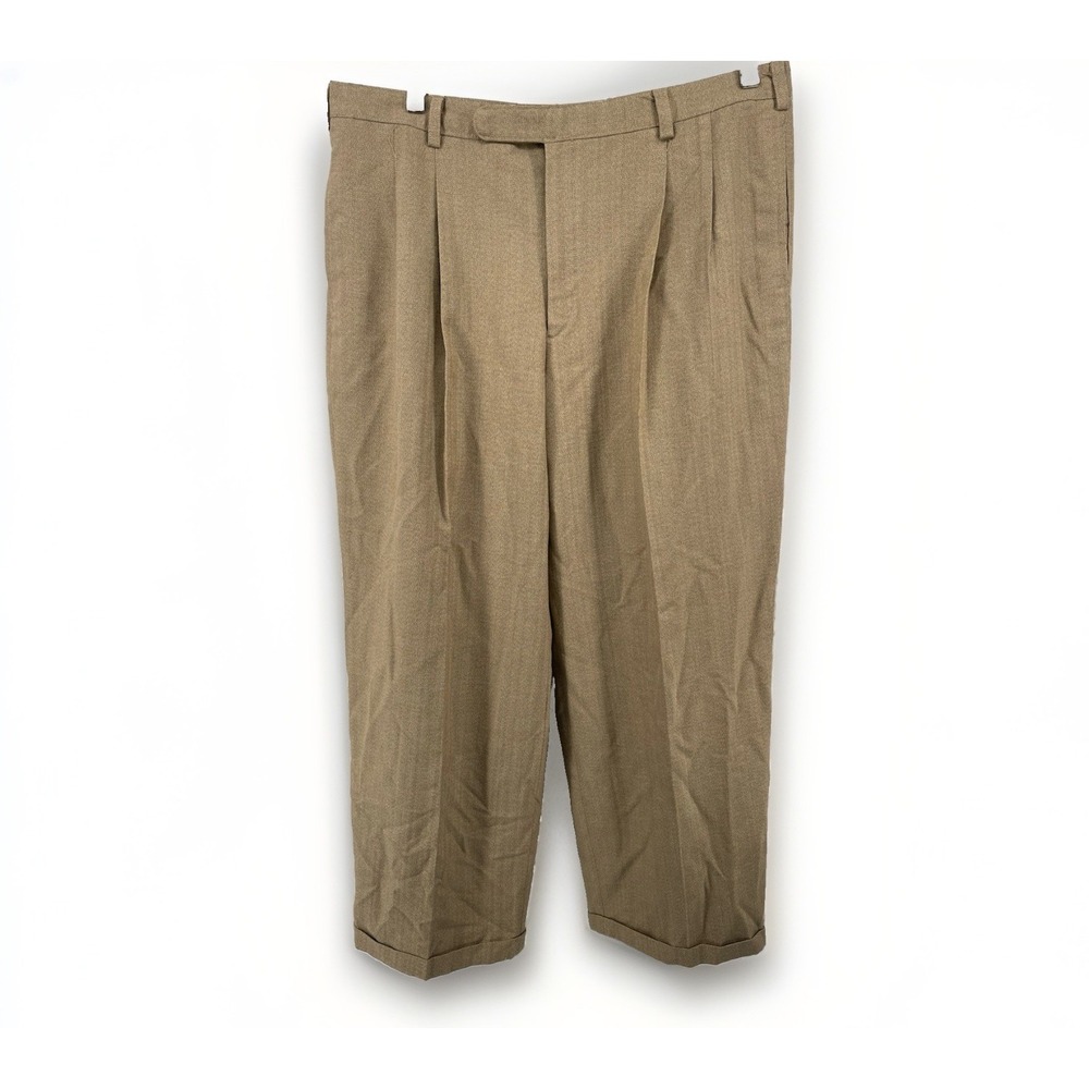Vintage ACME 36Wx28 Beige Camel Linen-Look Dress Trousers Pleated Cuffed
